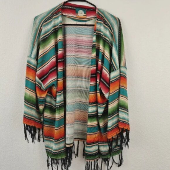 Double D Ranch Pachamama Serape Striped Western Open Front Kimono Jacket Large - Picture 1 of 7